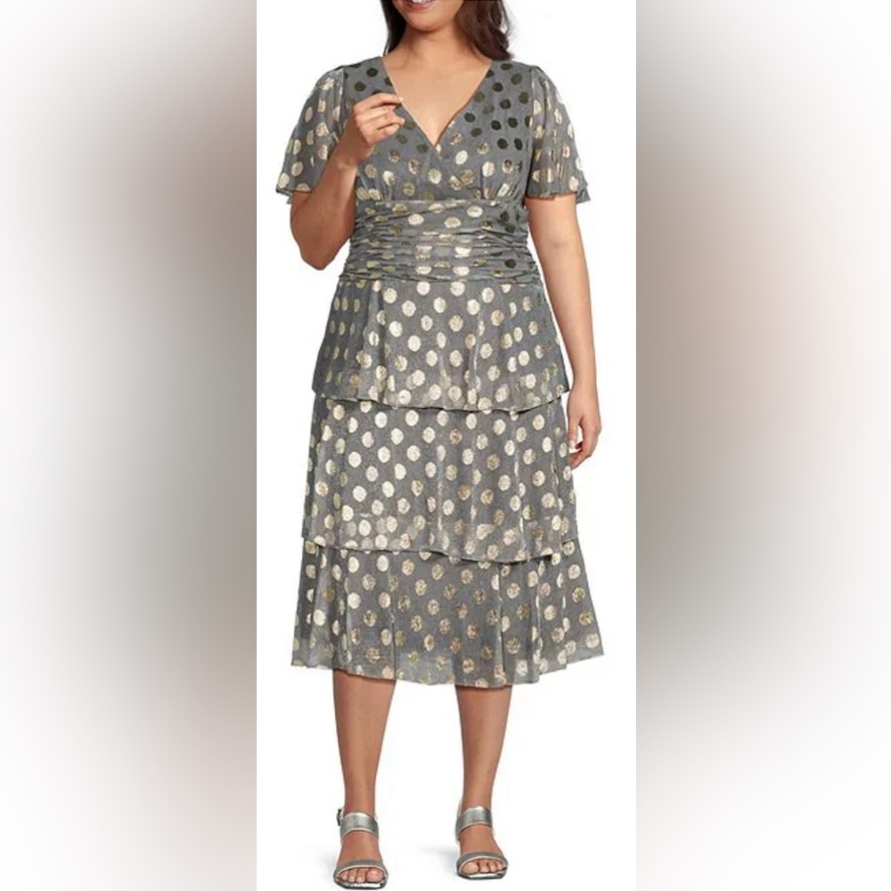 NWT Ignite Evenings Plus Size Metallic Dotted Surplice V-Neck Tiered Midi Dress